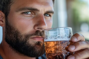 A contemplative portrait of a man with piercing blue eyes sipping a cold beverage, exemplifying moments of reflection and enjoyment in a casual setting.