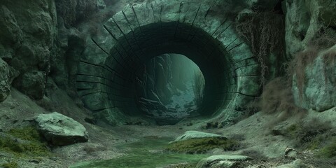 Fototapeta premium A shadowy tunnel enveloped in mystery; its walls draped in lush, emerald-green moss against stark grays. A dimly lit passage inviting intrigue