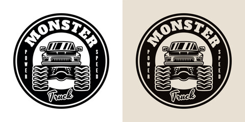 Monster truck big car vector round emblem in two styles illustration © Flat_Enot