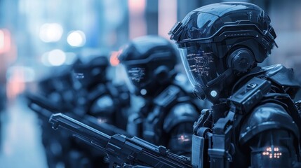 Fototapeta premium Futuristic Soldiers in City, Digital Warfare, Armored, Advanced Technology, Sci-Fi, Cyberpunk