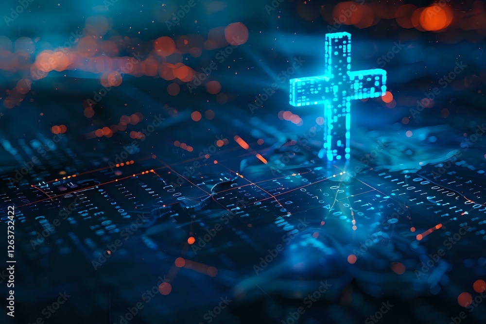 Poster glowing blue cross on digital circuit board background with bokeh lights and dark moody atmosphere c
