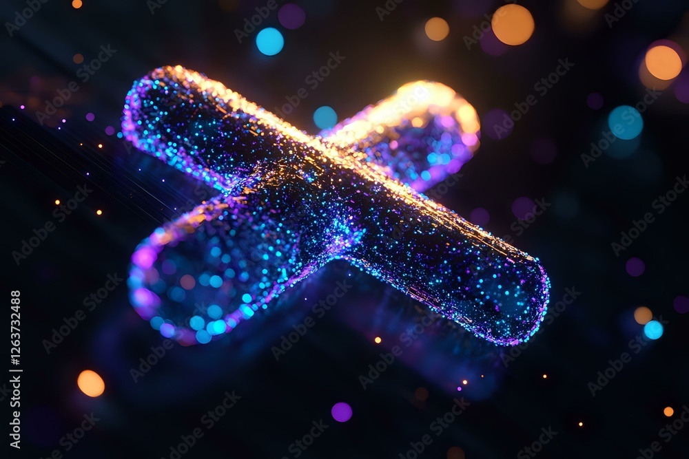 Poster glowing chromosome in dark background with colorful bokeh lights and sparkles showing dna structure 