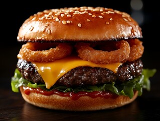 Juicy Cheeseburger Topped With Onion Rings and Fresh Lettuce Served on a Sesame Seed Bun in a Dimly Lit Setting