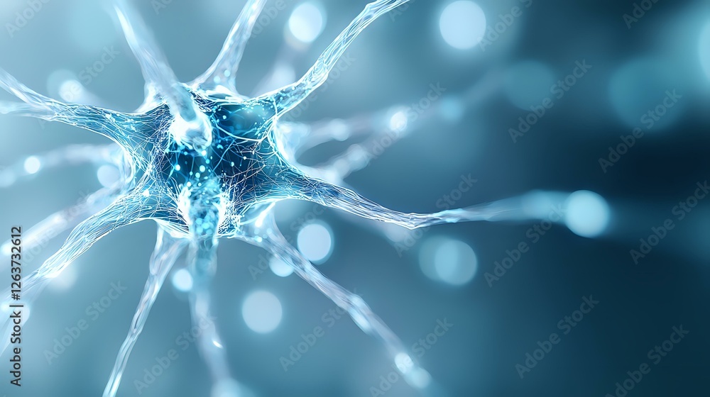 Poster glowing neuron cell with synaptic connections on blue background, microscopic view of nervous system