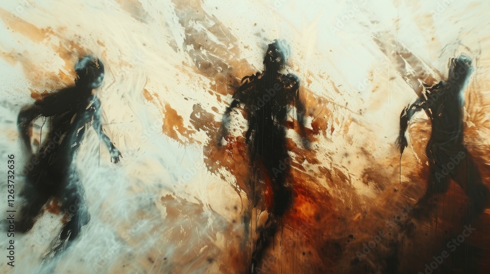 Poster abstract and dynamic depiction of silhouettes amidst bursts of textured splashes, blending earthy to