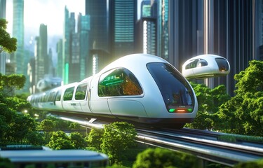 Futuristic Cityscape: High-Speed Maglev Train and Flying Pods