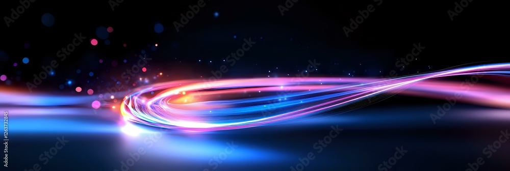 Poster glowing neon light trails with vibrant pink and blue colors against dark background create dynamic m