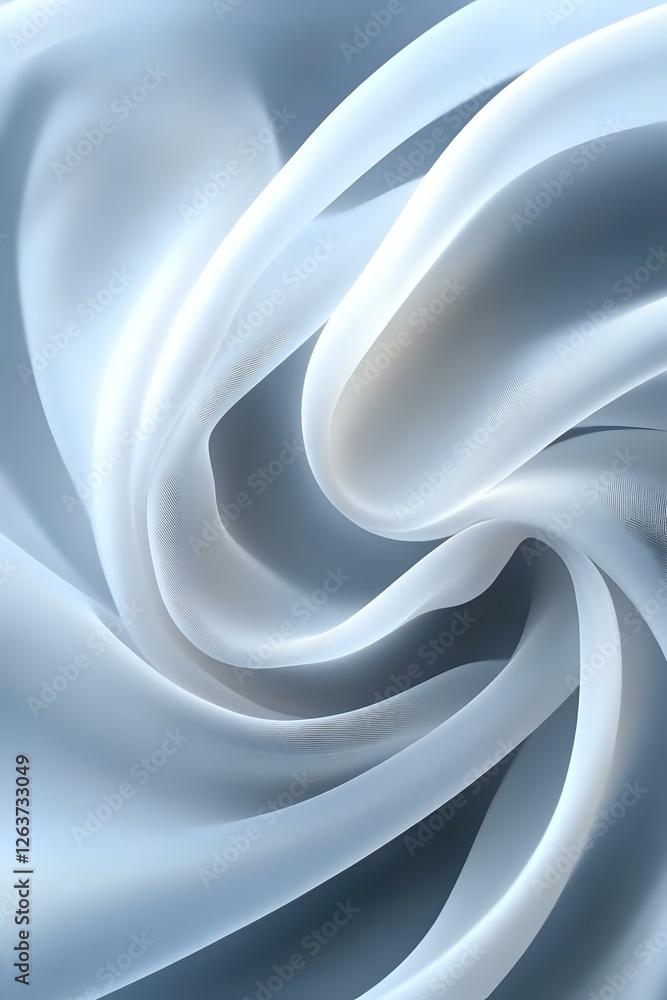 Poster elegant white spiral curves creating dynamic flow and movement against soft gray background, abstrac