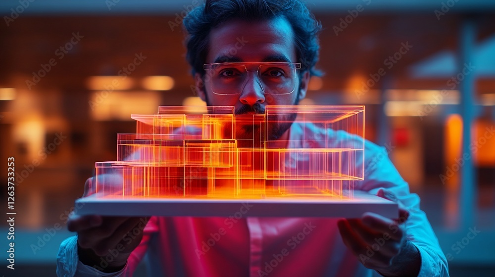 Wall mural man presenting a glowing architectural model in a modern workspace with a blurred background