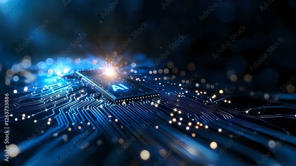 Poster glowing circuit board with bright light burst and bokeh effects in deep blue tones, representing dig