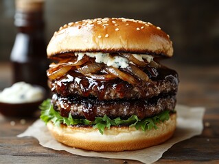 Juicy Three-Layer Burger With Grilled Onions and Barbecue Sauce Served on a Wooden Table