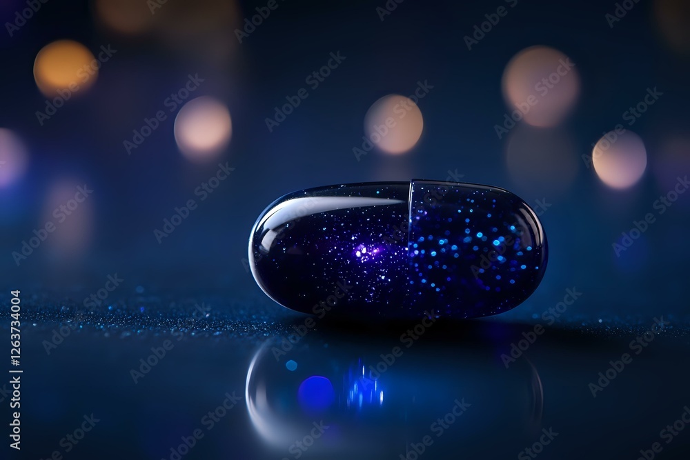 Poster magical glowing capsule with sparkling blue particles inside on dark reflective surface against blur