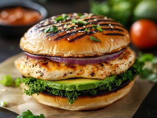 Grilled Chicken Burger With Fresh Ingredients Served on a Wooden Table in a Cozy Setting