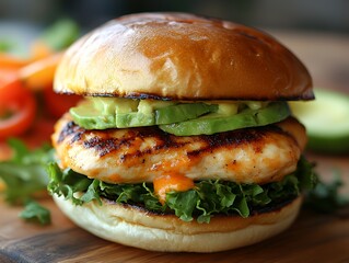 Grilled Chicken Sandwich With Fresh Vegetables and Sauces on a Wooden Cutting Board
