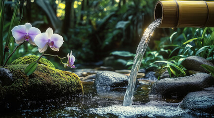 Wyciekająca z bambusa woda i egzotyczne kwiaty