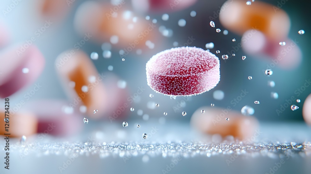 Poster floating red pill with water drops and bokeh effect on dark background, pharmaceutical macro photogr