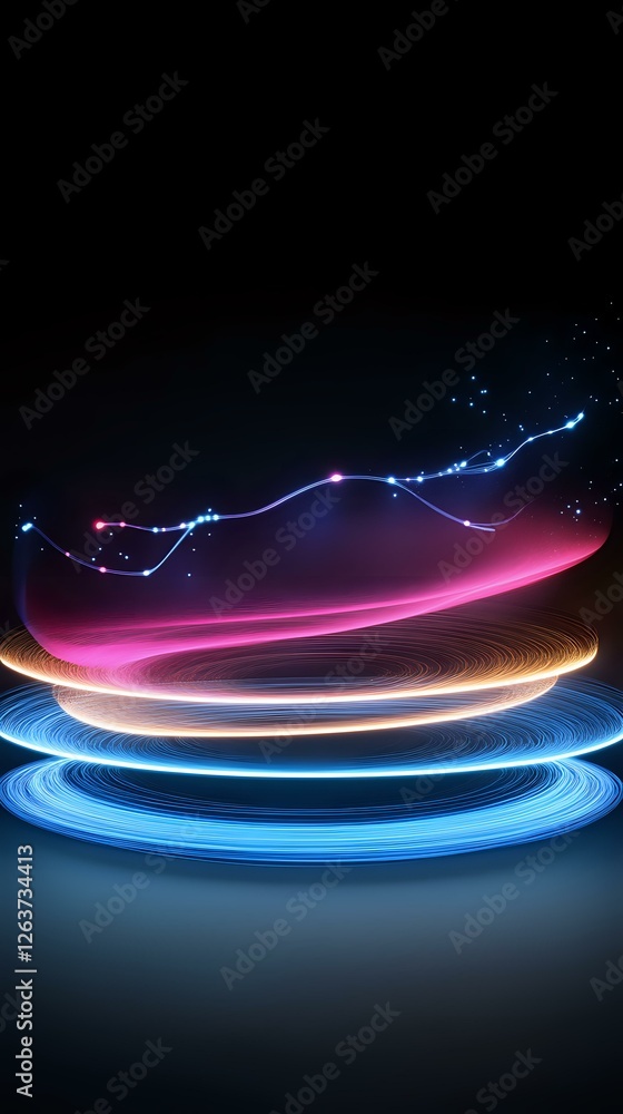Poster glowing neon light trails form circular platforms with floating constellation line against dark back