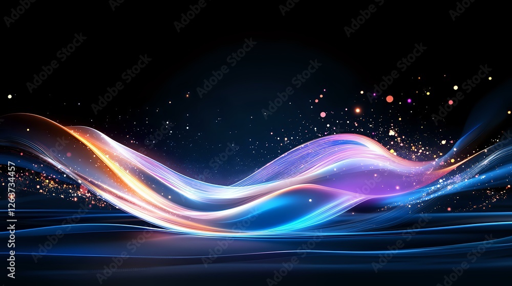 Poster glowing wavy lines with sparkles flow across dark background in blue, purple and orange colors creat