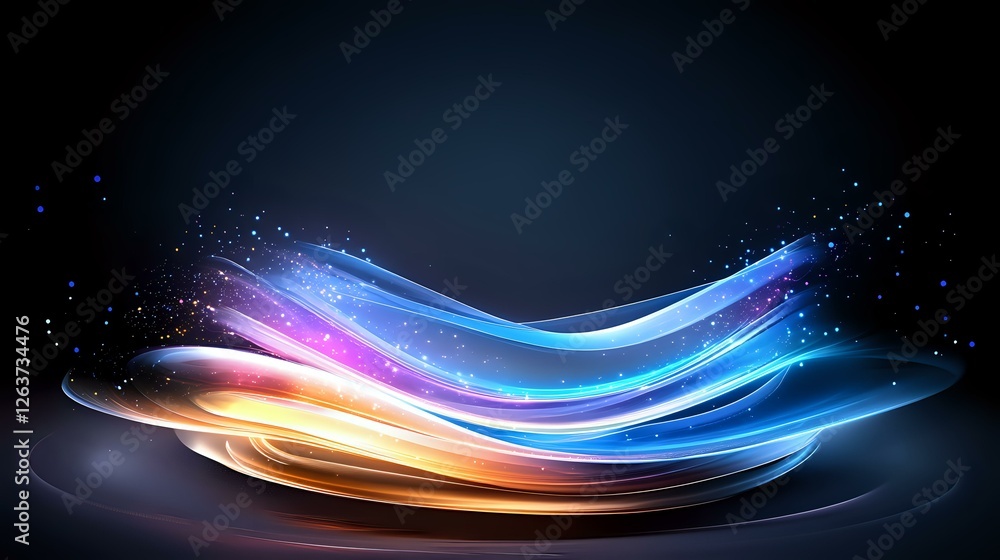 Poster glowing abstract waves with blue, purple and orange light trails against dark background create dyna