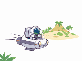 Space Travel: Astronaut in Flying Car Visiting Tropical Island