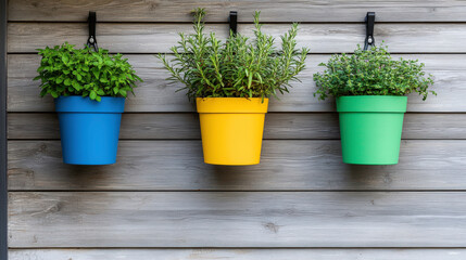 Fototapeta premium Colorful Vertical Garden with Herb Plants in Hanging Pots against Wooden Wall for Home Decor and Gardening Inspiration
