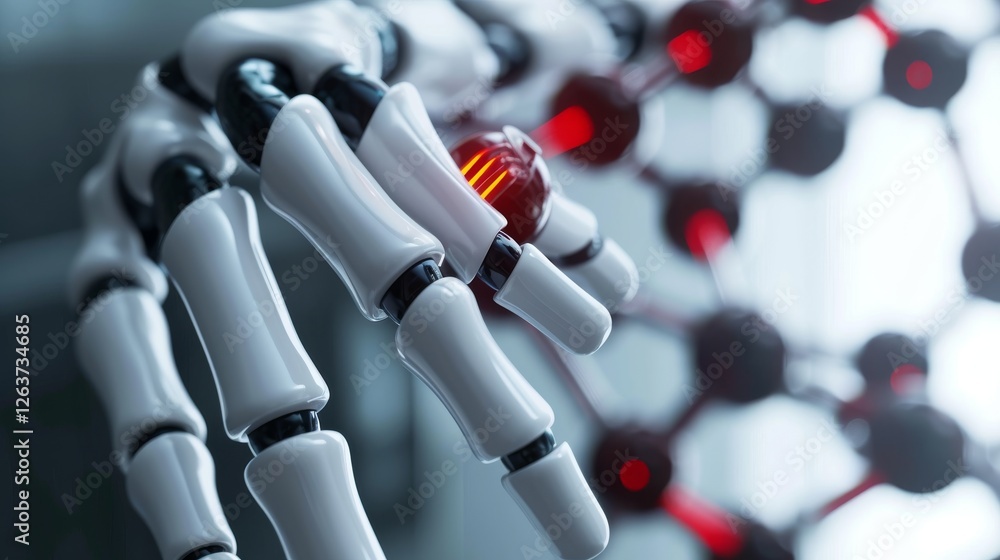Poster high-detail robotic hand with illuminated circuits interacting with a futuristic molecular structure