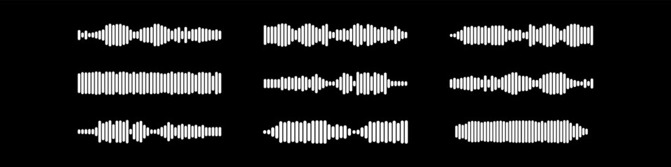Podcast sound waves and audio soundwave of voice message records  and mobile phone voice message sound waves vector icons