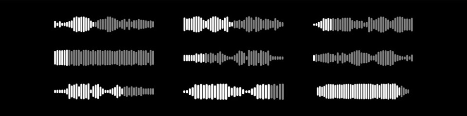 Podcast sound waves and audio soundwave of voice message records  and mobile phone voice message sound waves vector icons