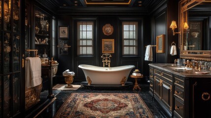 This classic bathroom boasts rich textiles, antique fixtures, and elegant decor, creating a luxurious atmosphere. Warm lighting highlights the intricate details and design.