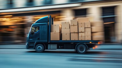 A truck carrying cardboard boxes or crates behind it conveys a message of speed, safe and reliable service, speeding down a city street in a blur of motion