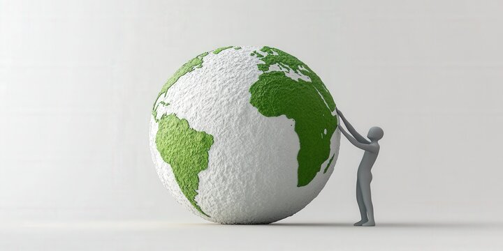 A captivating 3D-rendered globe with a lush green hemisphere atop, blending seamlessly into a pristine white lower half, oriented rightward—evoking nature's embrace encircling harmony