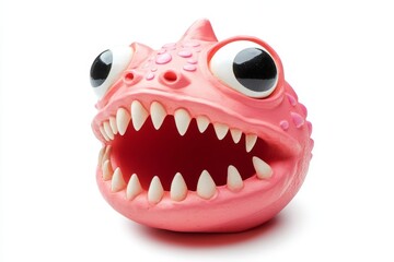 Naklejka premium A humorous red tooth toy denture complete with a jaw and eye, on a white background, ensuring there's room for copy