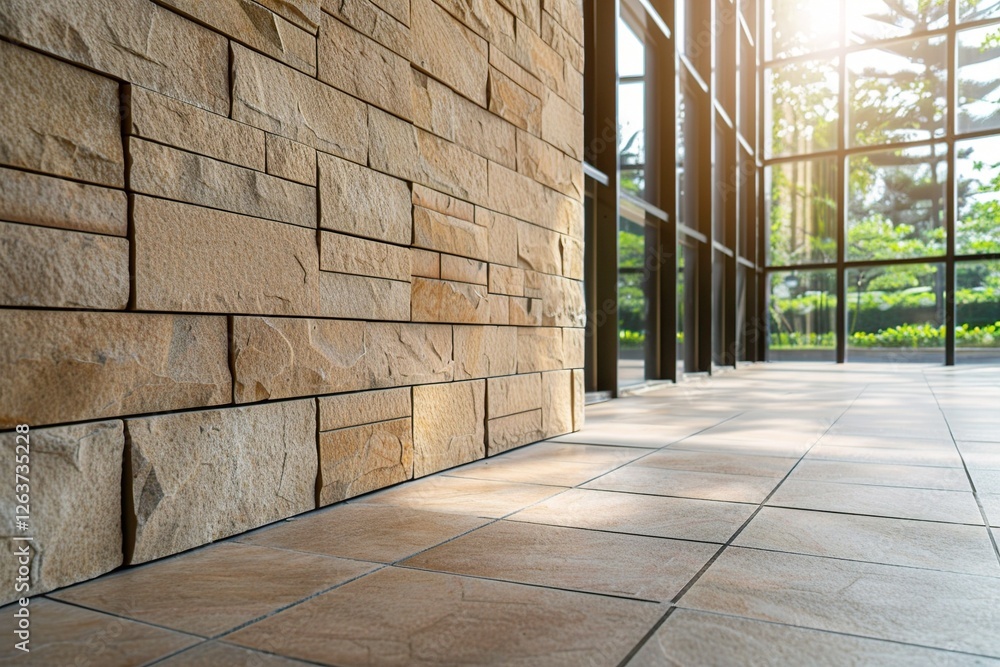 Poster sunlight streams through large windows onto a textured stone wall and tiled floor, creating a serene