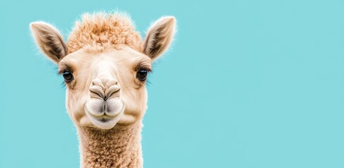 Obraz premium A blue background sets off a camel grinning widely, showcasing its teeth in a close-up. This comical and whimsical animal photograph leaves room for promotional content