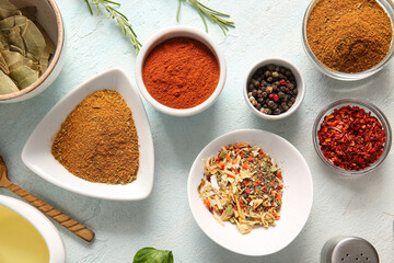 Composition with fresh spices on light background
