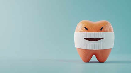 With a band-aid attached to its enamel, a tooth is depicted on a blue background, illustrating the idea of toothache and dental care