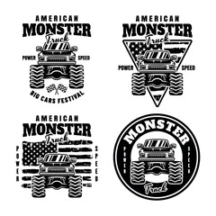 Monster truck big car set of vector emblems in monochrome style on white background © Flat_Enot