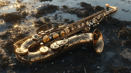 A massive, fractured saxophone embedded in a desolate landscape, its brass surface tarnished and broken