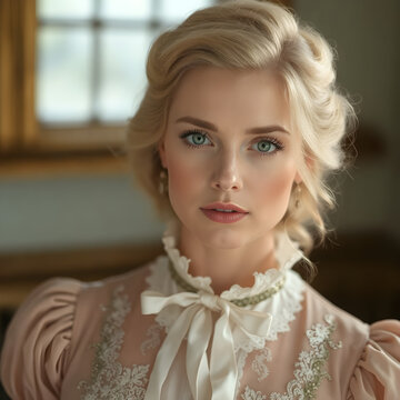 Hermosa joven de la alta sociedad con caireles dorados y un vestido de corte imperial