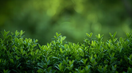 Lush green foliage in a serene garden setting with soft bokeh background and tranquility