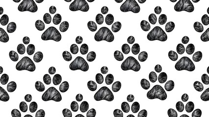 Seamless Pattern of Black and White Paw Prints