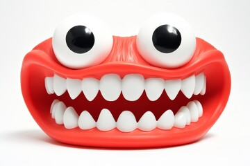 Obraz premium A red, playful tooth denture toy with a jaw and eye design, on a white background, leaving space for copy