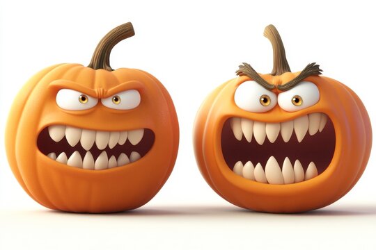 With large, sharp teeth and exaggeratedly aggressive faces, these two animated pumpkins capture a humorous and playful Halloween theme
