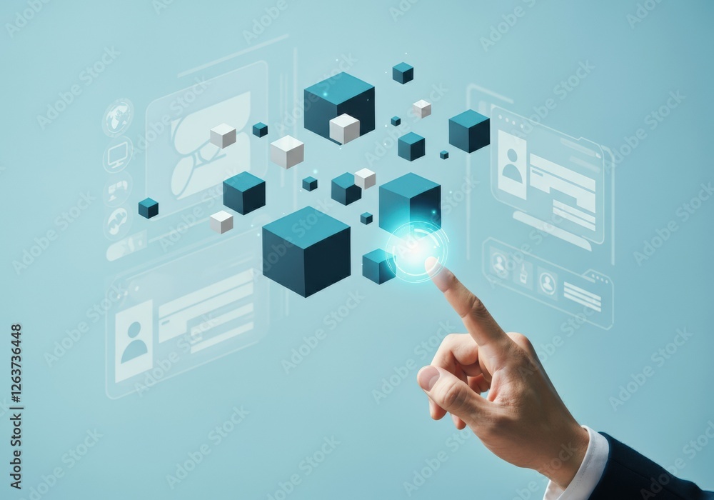 Aufkleber hand interacting with digital cubes representing data management and technology