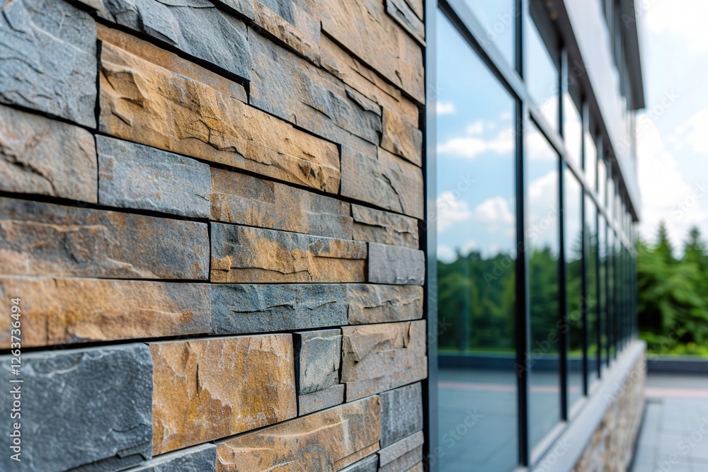 Poster close-up of a textured stone wall with a modern building reflection.