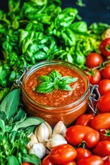 Fresh tomato basil pasta sauce with garlic and herbs on rustic jar