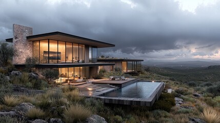 Fototapeta premium Modern hillside house, dusk, desert view, luxury home