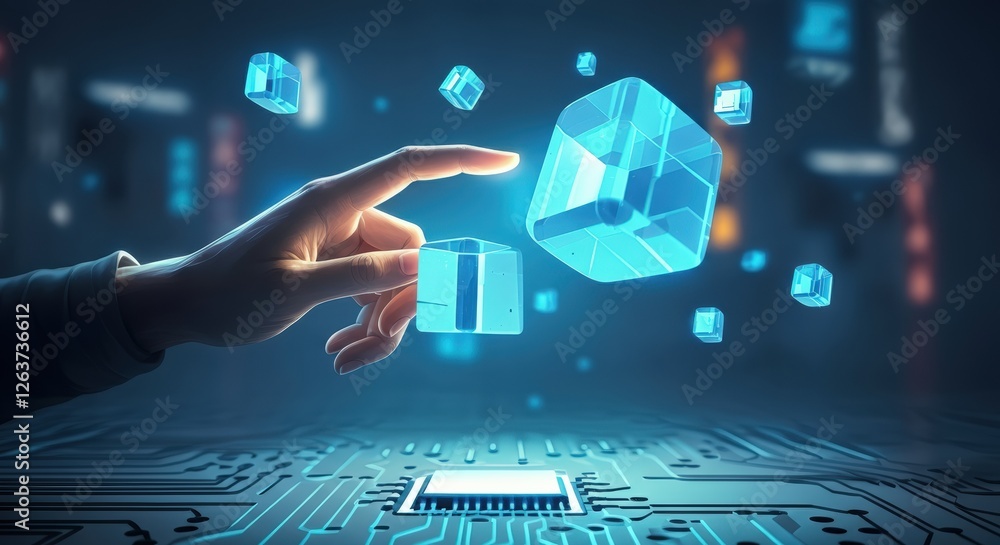 Poster hand interacting with floating digital cubes above a microchip