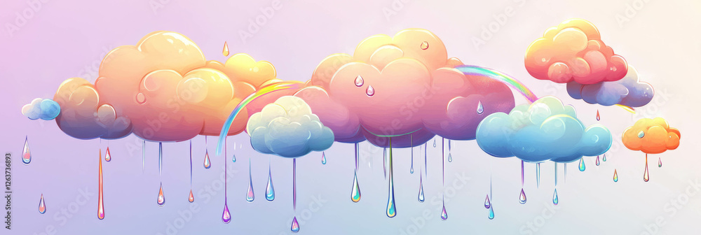 Aufkleber stylized clouds with raindrops and rainbow reflections create a playful banner background