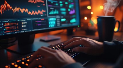 A closeup of hands typing rapidly on a keyboard juxtaposed against a backdrop of colorful graphs and security alerts on a large monitor showcasing the constant monitoring of network